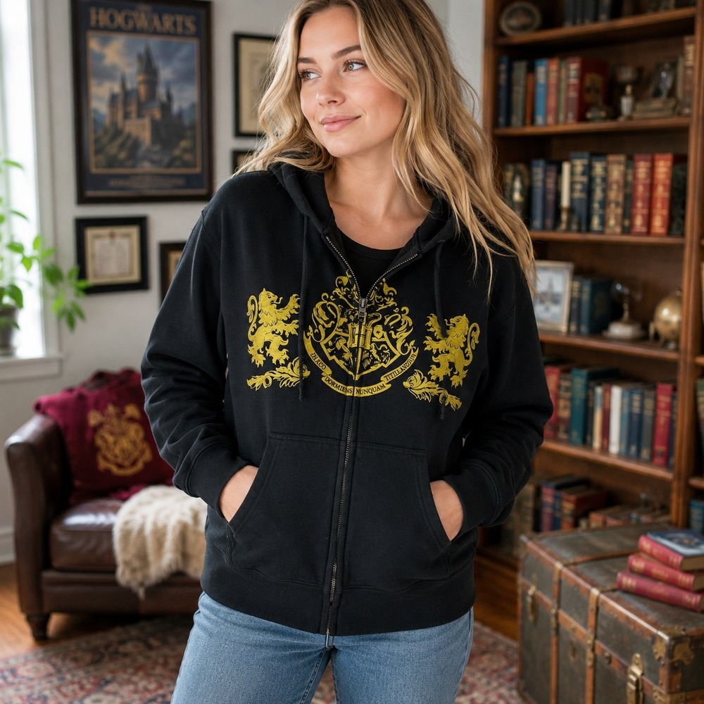 Harry Potter Zip Hoodie Medium Black Gold Hogwarts Crest POTTER Back Graphic
